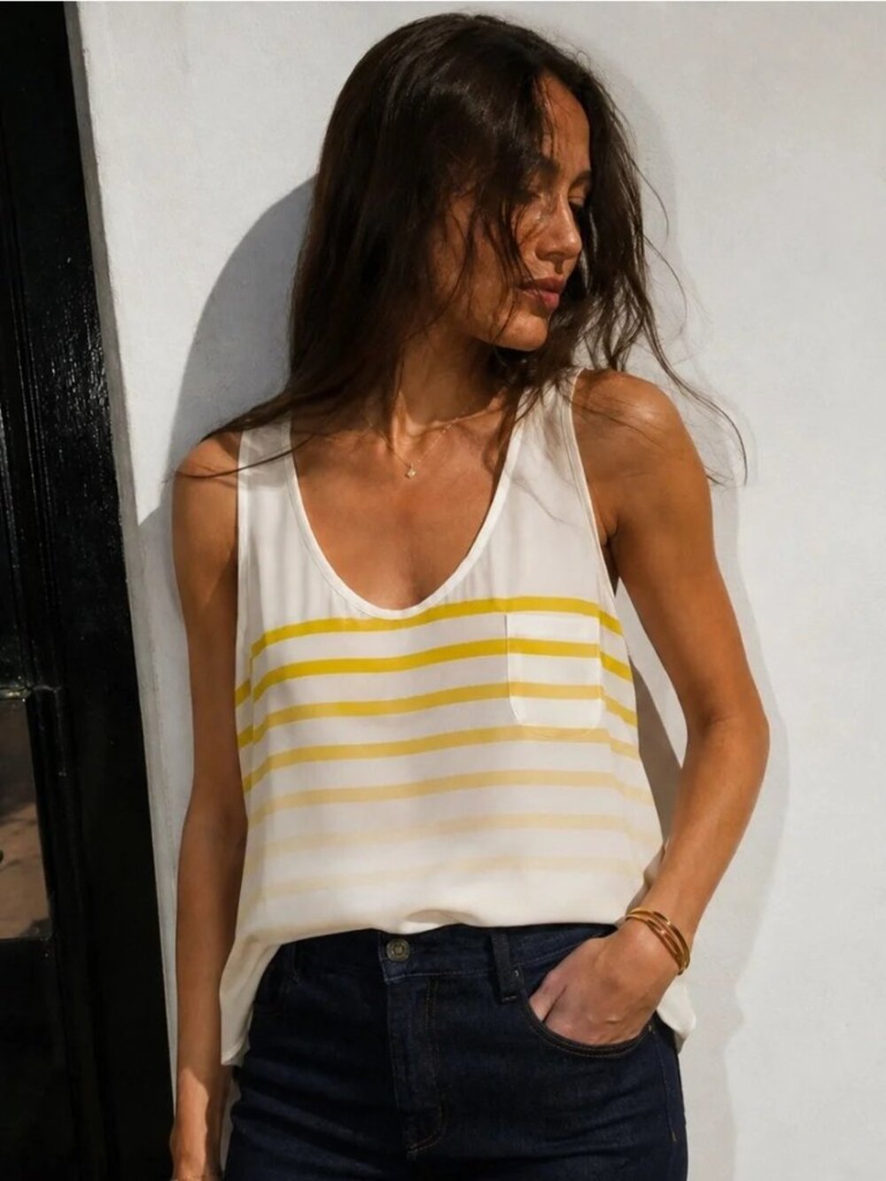 JOIE womens BLOUSE cream TANK TOP yellow SILK striped LIGHTWEIGHT casual SIZE M